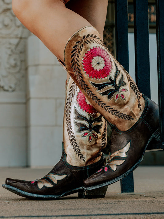 Contrast Gold And Chocolate Snip-Toe Sunflower Inlay Rice Ears Embroidery Mid Calf Cowgirl Boots