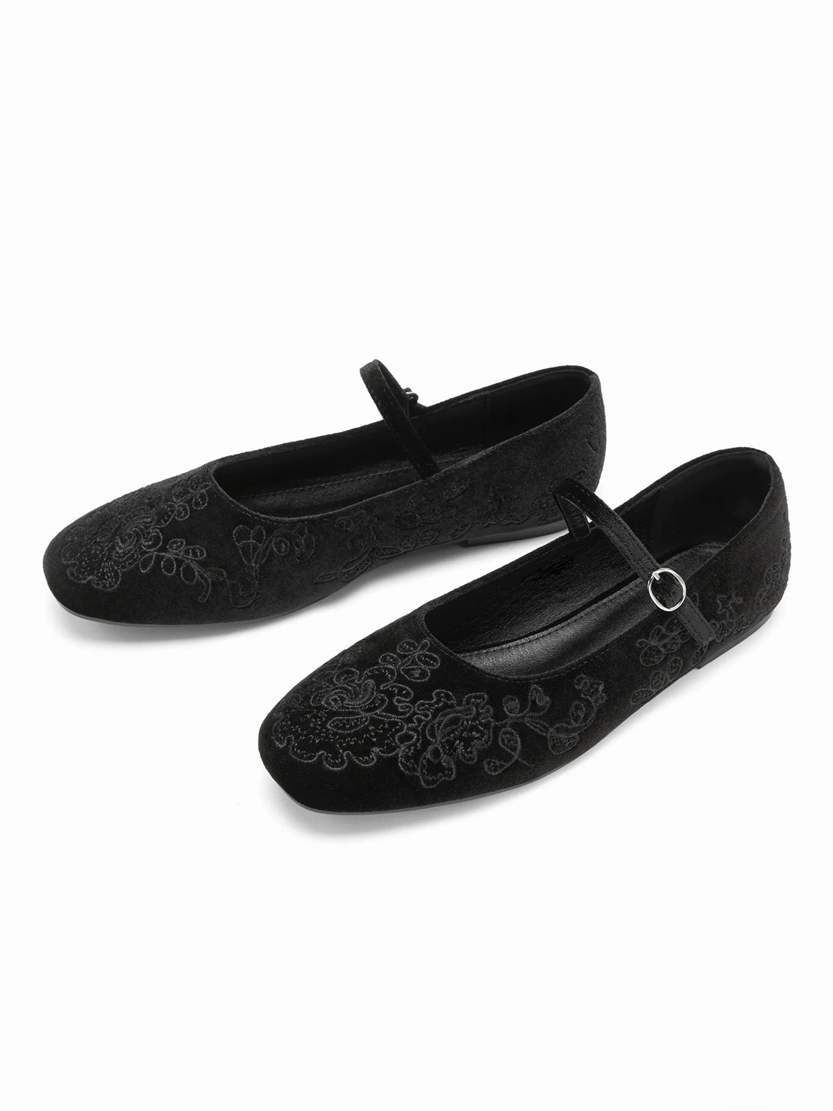 Black Velvet Square-Toe Leaves Embroidery Chic Mary Jane Ballet Flats