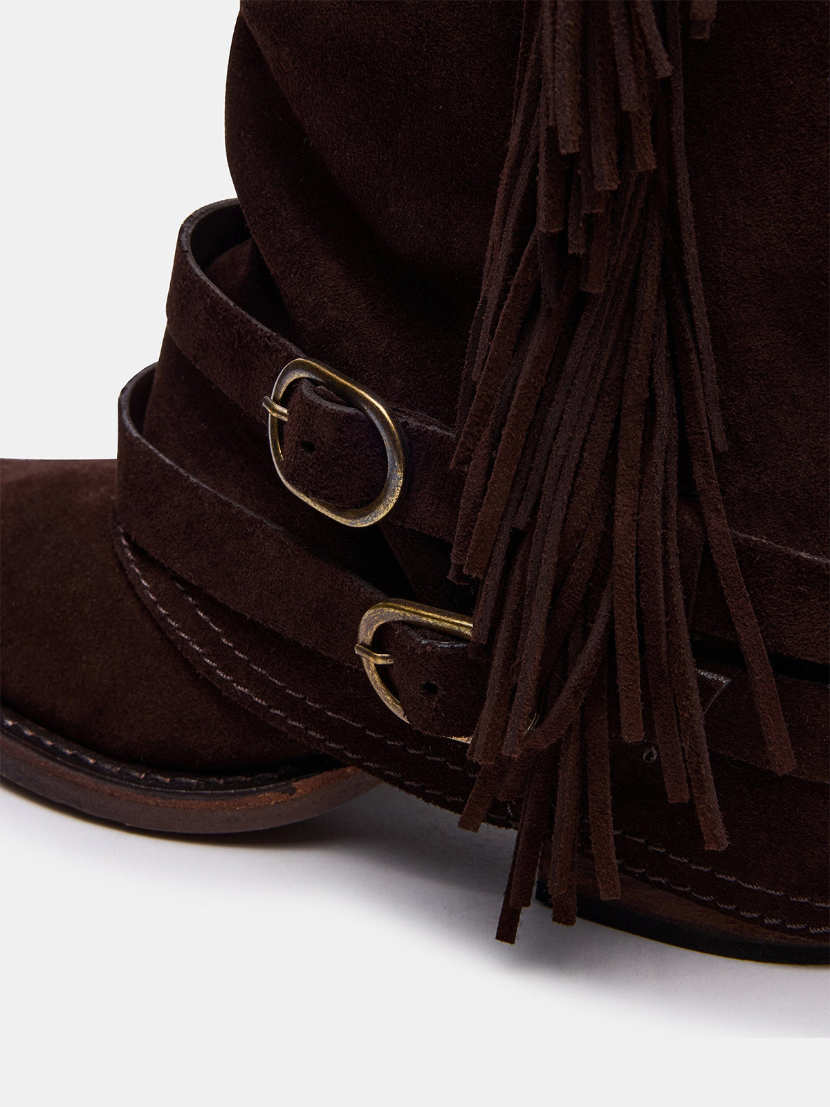 Brown Faux Suede Pointed-Toe Fold-Over Fringe Cowgirl Ankle Boots