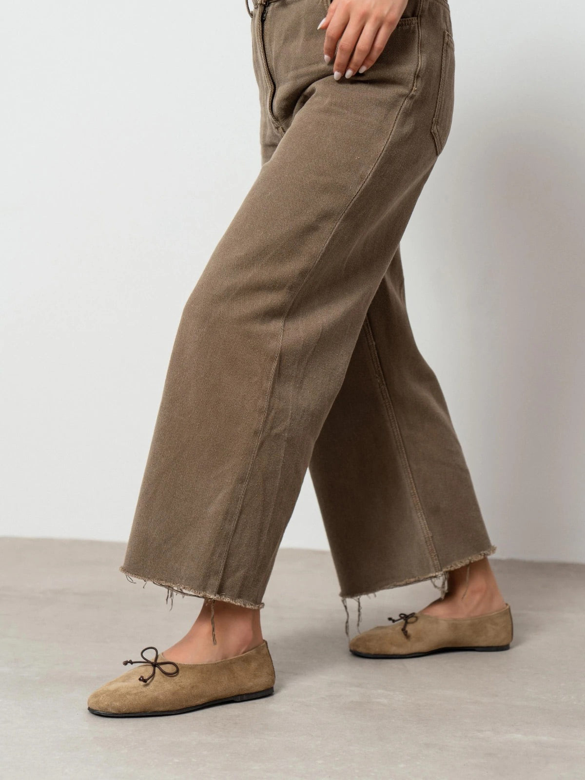 Light Khaki Cow Suede Round-Toe Front Bow Slip-On Flats