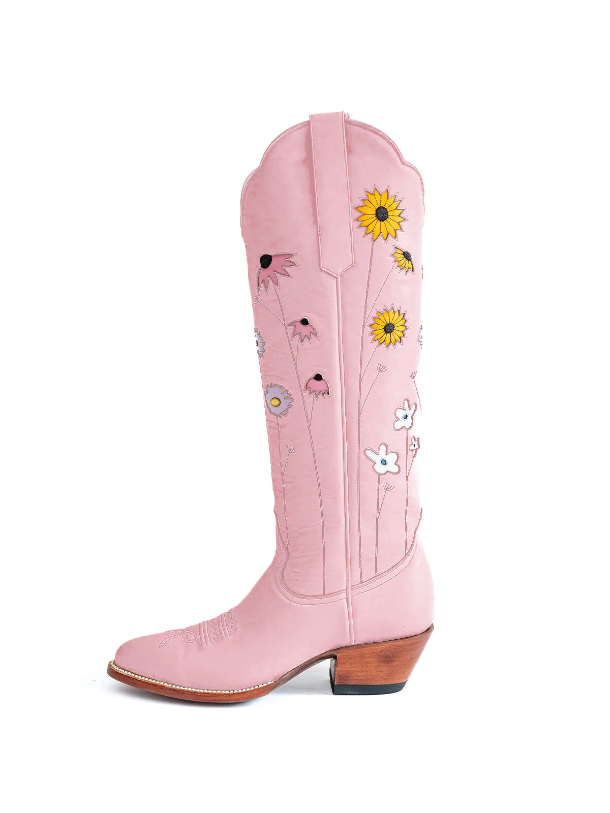 Blush Pink Almond-Toe Colorful Flowers Inlay Wide Calf Knee High Cowgirl Boots