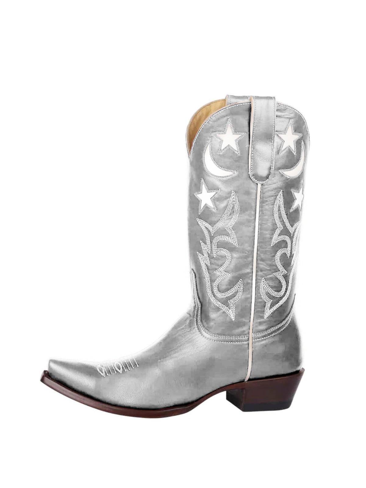 Metallic Silver Snip-Toe Moon And Star Inlay Embroidery Mid Calf Cowgirl Boots