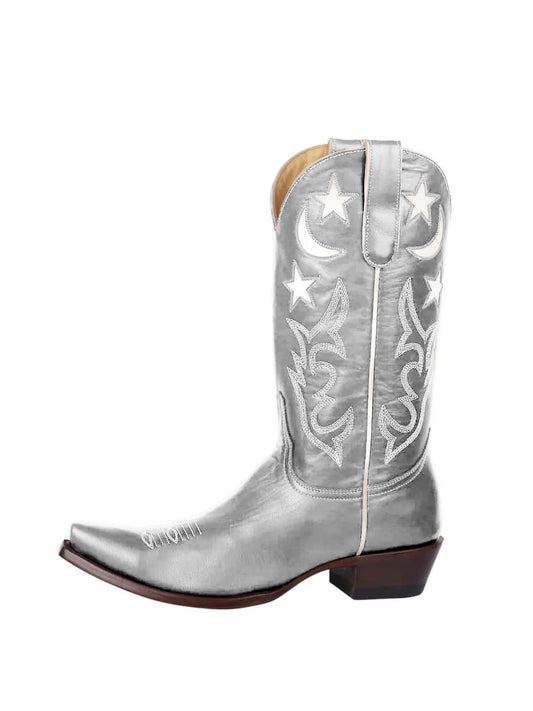 Metallic Silver Snip-Toe Moon And Star Inlay Embroidery Mid Calf Cowgirl Boots