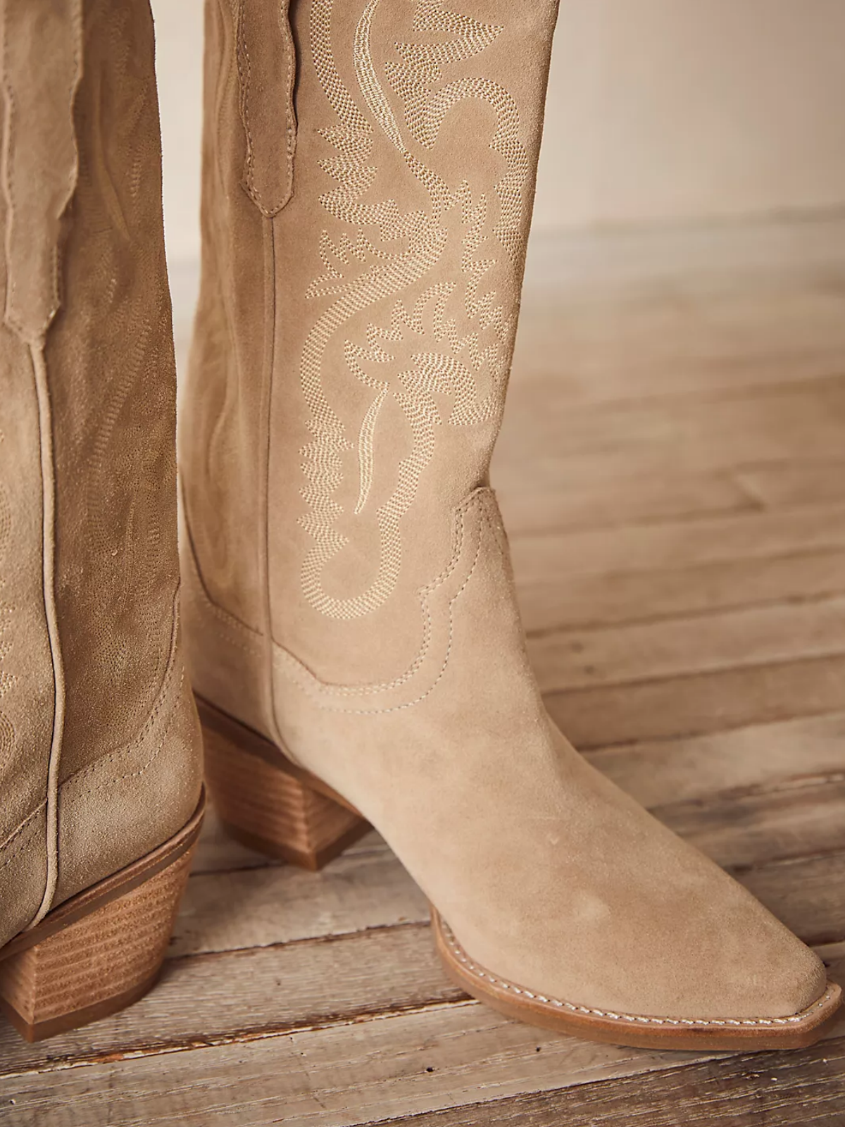 Sand Faux Suede Snip-Toe Western Embroidery Wide Mid Calf Tall Cowgirl Boots