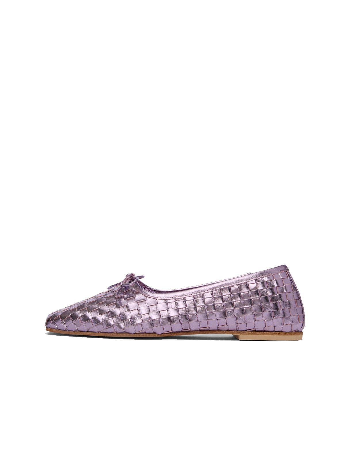 Vegan Leather Woven Square-Toe Bow Ballet Flats - Metallic Purple