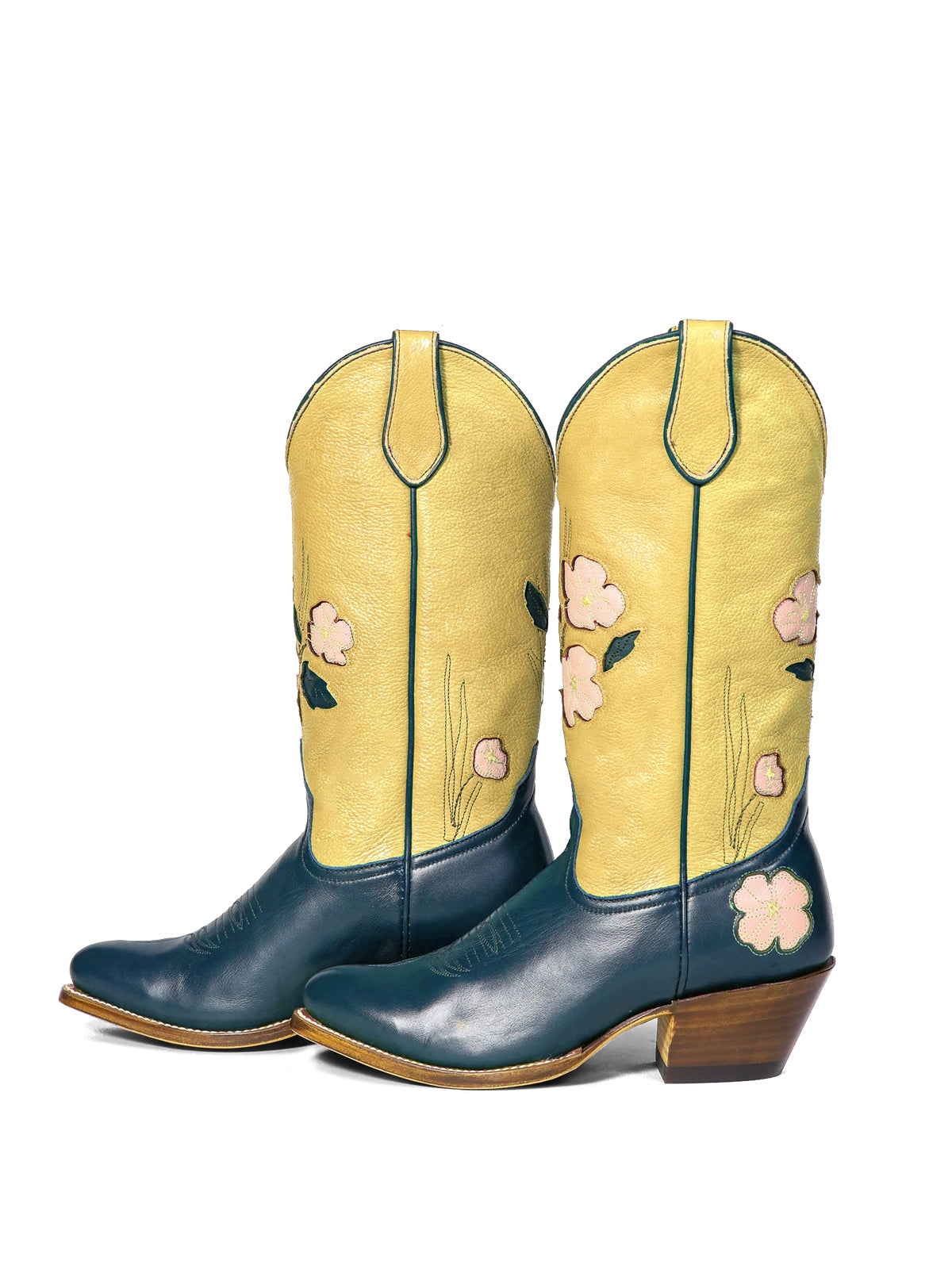 Contrast Yellow And Blue Almond-Toe Fresh Flower Inlay Mid Calf Cowgirl Boots