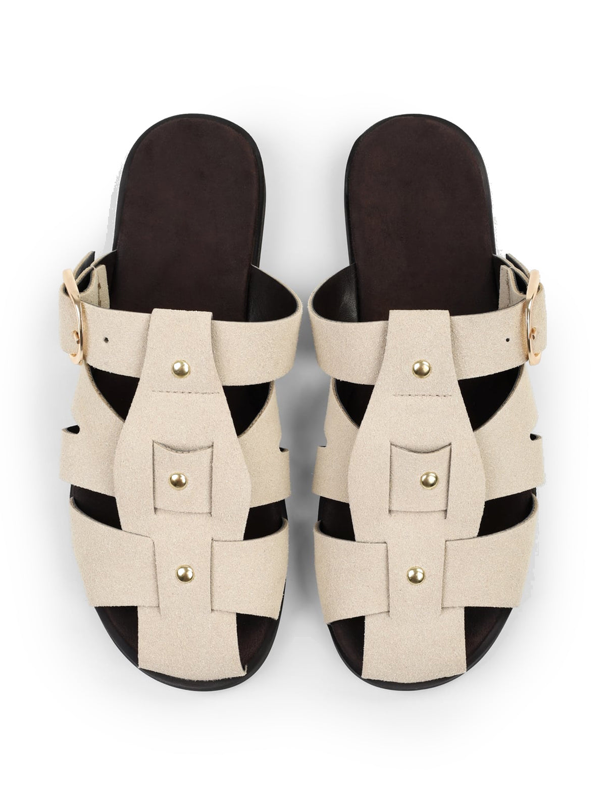 Bone Cow Suede Round-Toe Caged Detail And Studs Backless Flats