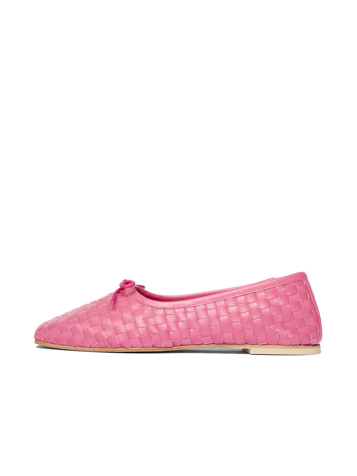 Vegan Leather Woven Square-Toe Bow Ballet Flats - Pink