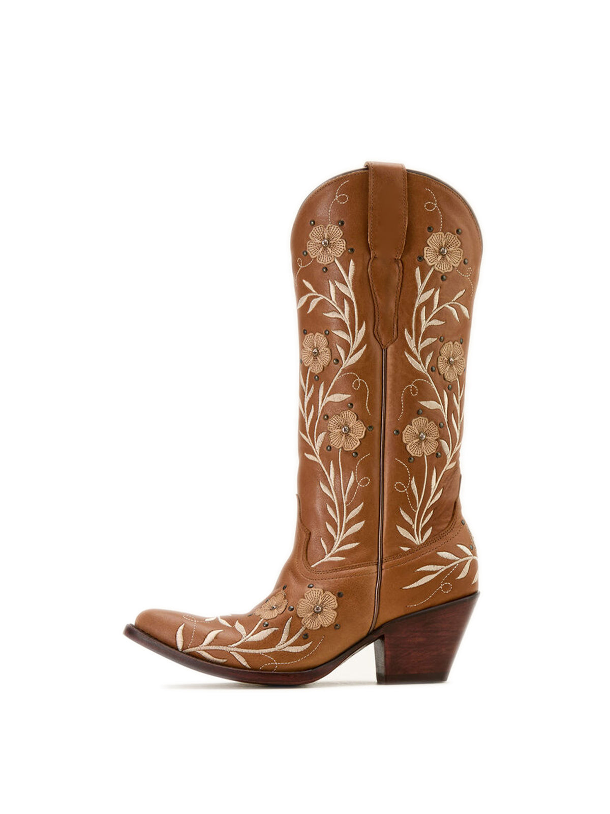 Tan Almond-Toe Flower Applique With Studs Mid Calf Embroidery Cowgirl Boots