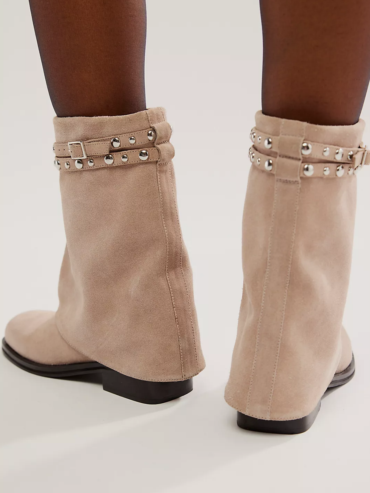 Greige Round Square-Toe Fold-Over Wide Mid Calf Cowgirl Boots With Studded Straps