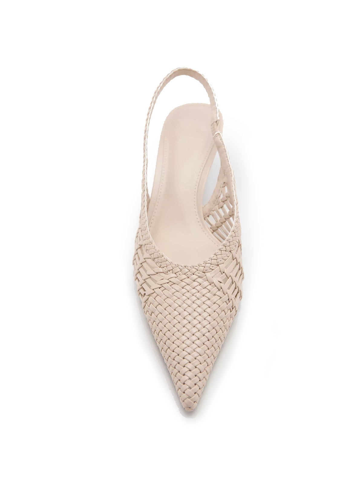 Ecru Woven Vegan Leather Pointed-Toe Classic Back Strap Kitten Heels