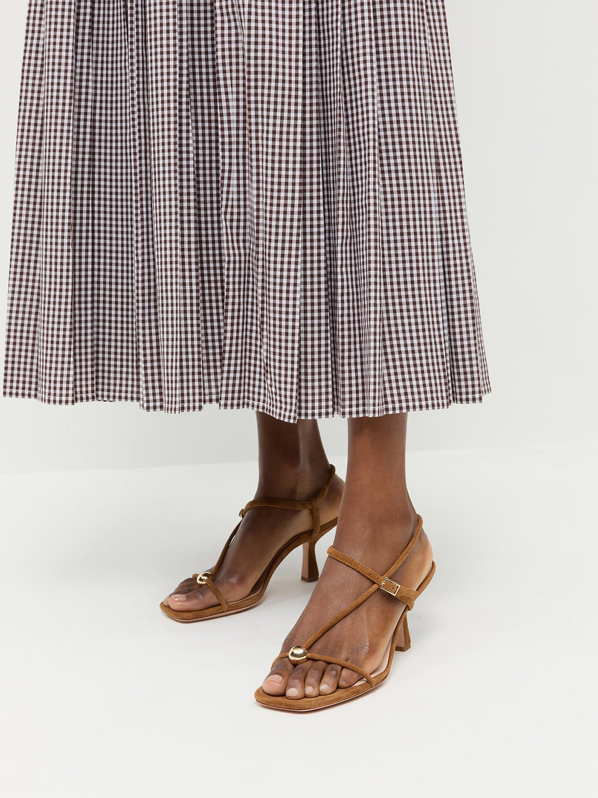 Brown Faux Suede Square-Toe Buckle Strappy Kitten Heels With One Silver Ball