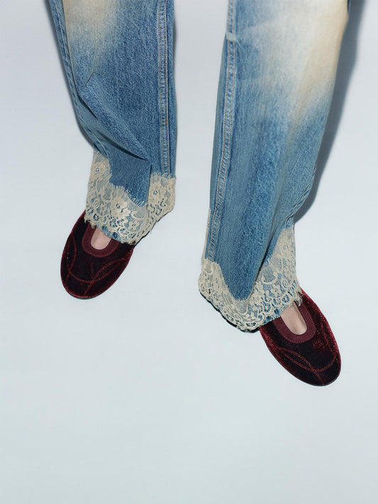 Burgundy Velvet Round-Toe Elastic Mary Jane Ballet Flats