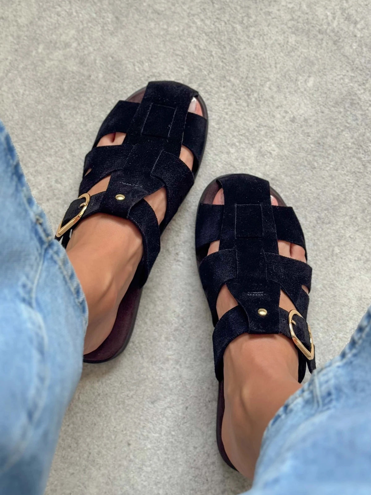 Black Cow Suede Round-Toe Caged Detail Backless Flats