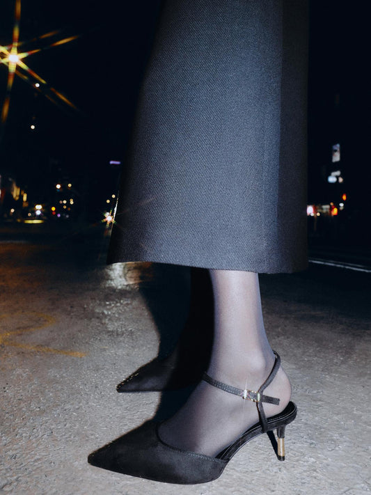 Black Faux Suede Pointed-Toe Ankle Strap With Buckle Slingback Kitten Heels