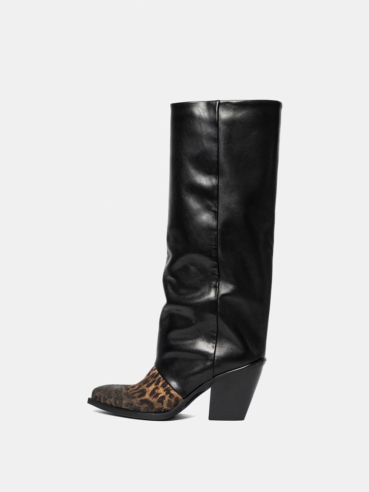 Contrast Black And Leopard Faux Suede Snip-Toe Wide Calf Knee High Cowgirl Boots