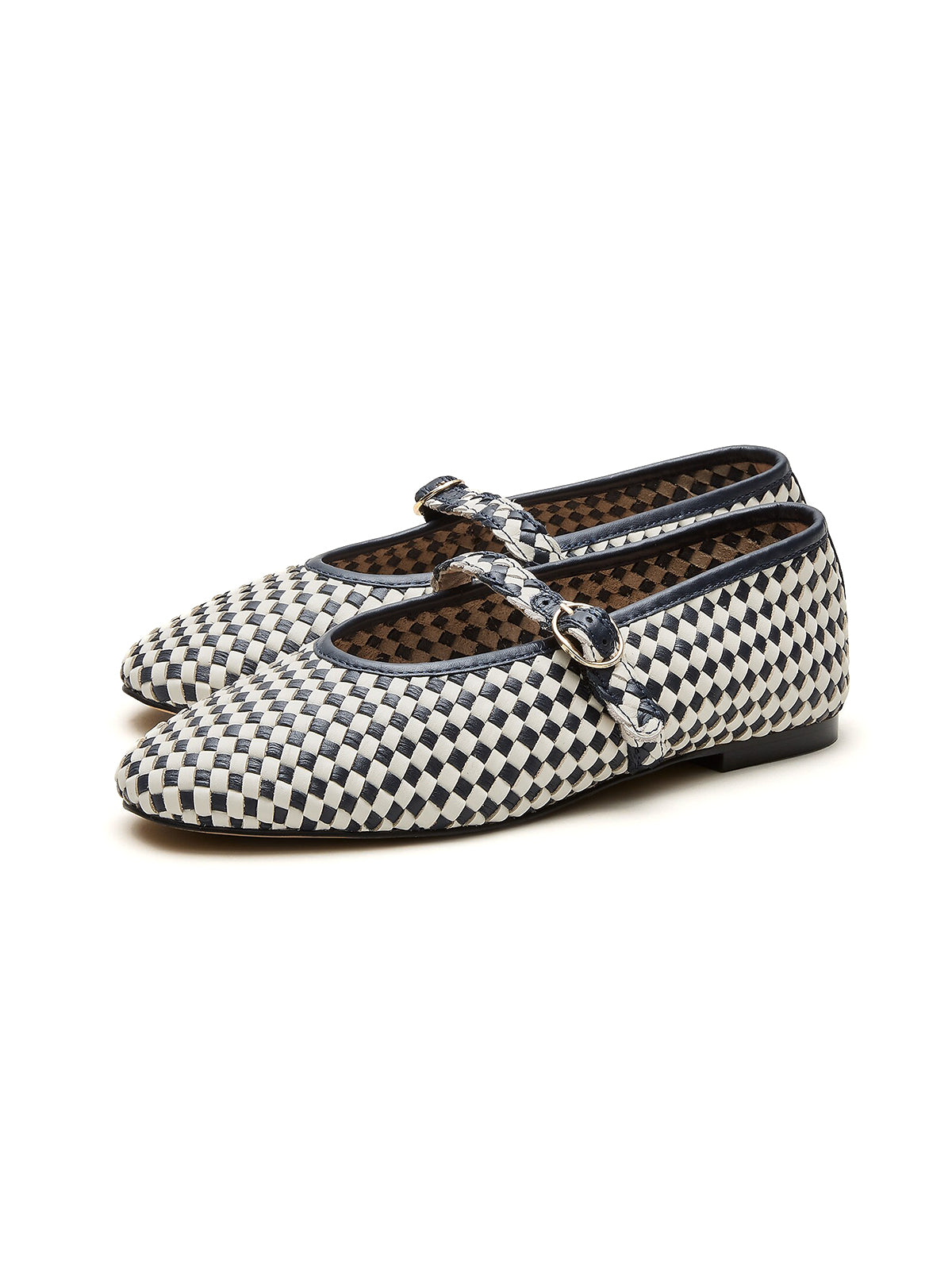 Navy And Ivory Woven Vegan Leather Round-Toe Mary Jane Ballet Flats