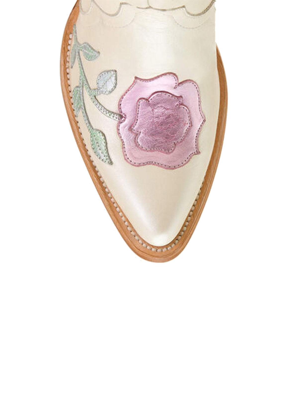 Ivory Almond-Toe Big Metallic Rose Applique Ankle Cowgirl Boots