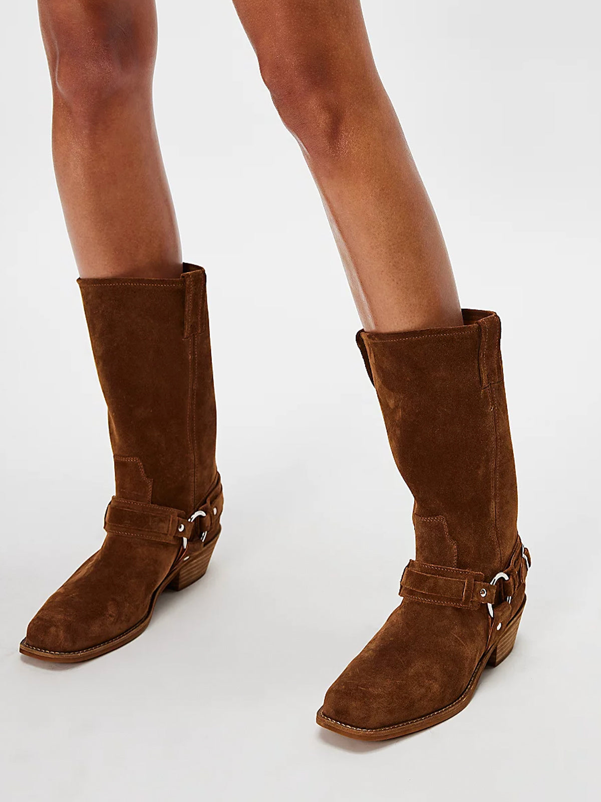 Coffee Faux Suede Square-Toe Ankle Buckle Straps Mid Calf Cowgirl Boots