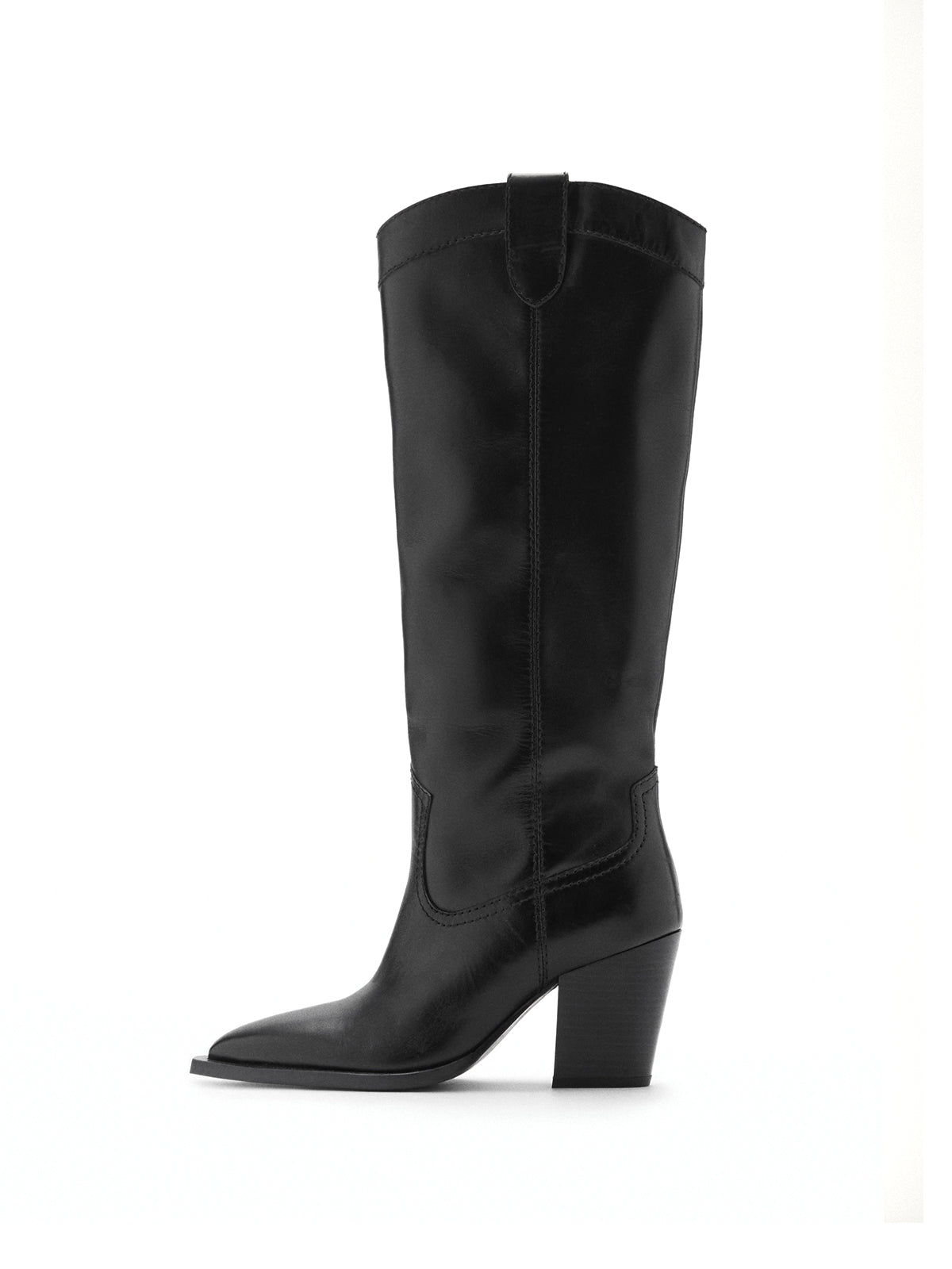Black Pointed-Toe Knee High Simple Wide Calf Cowgirl Boots