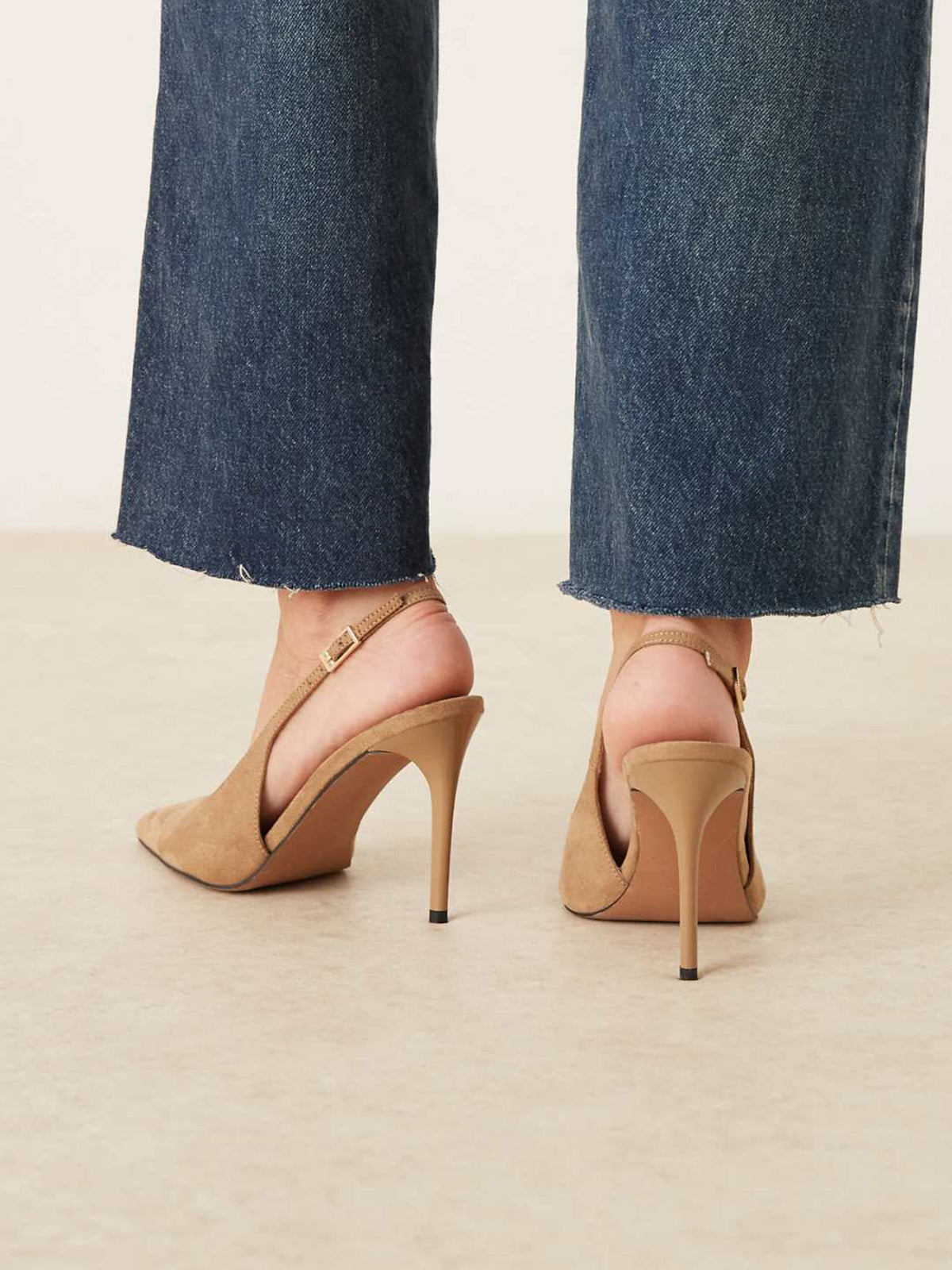 Taupe Faux Suede Pointed-Toe Classic Buckle Slingback High Heels