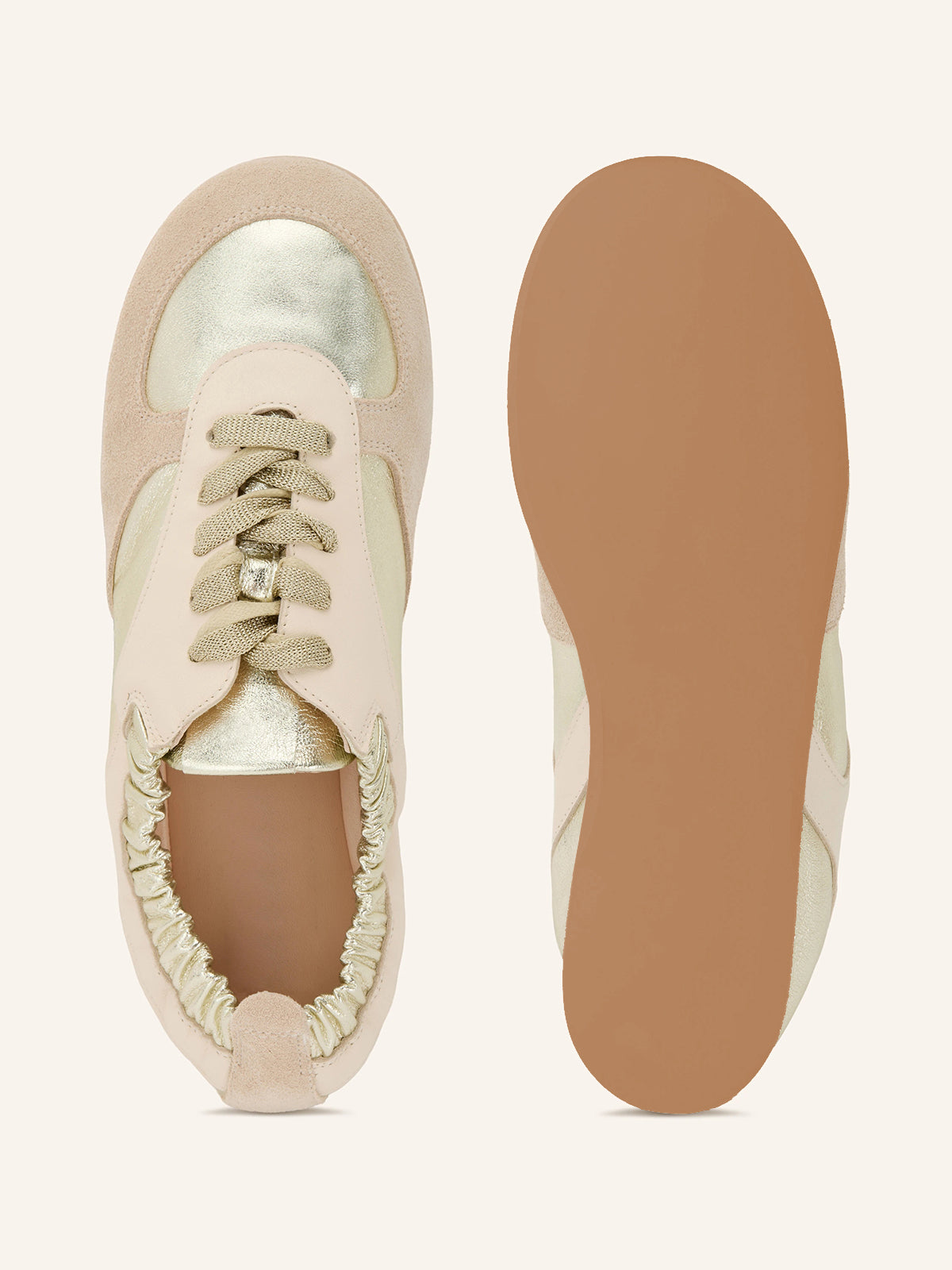 Light Brown And Gold Cow Suede Round-Toe Lace-Up Chic Flats Sneakers