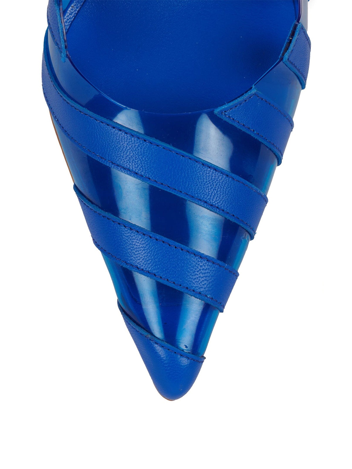 Blue Contrast Vegan Leather And PVC Film Pointed-Toe Slip-On High Heels