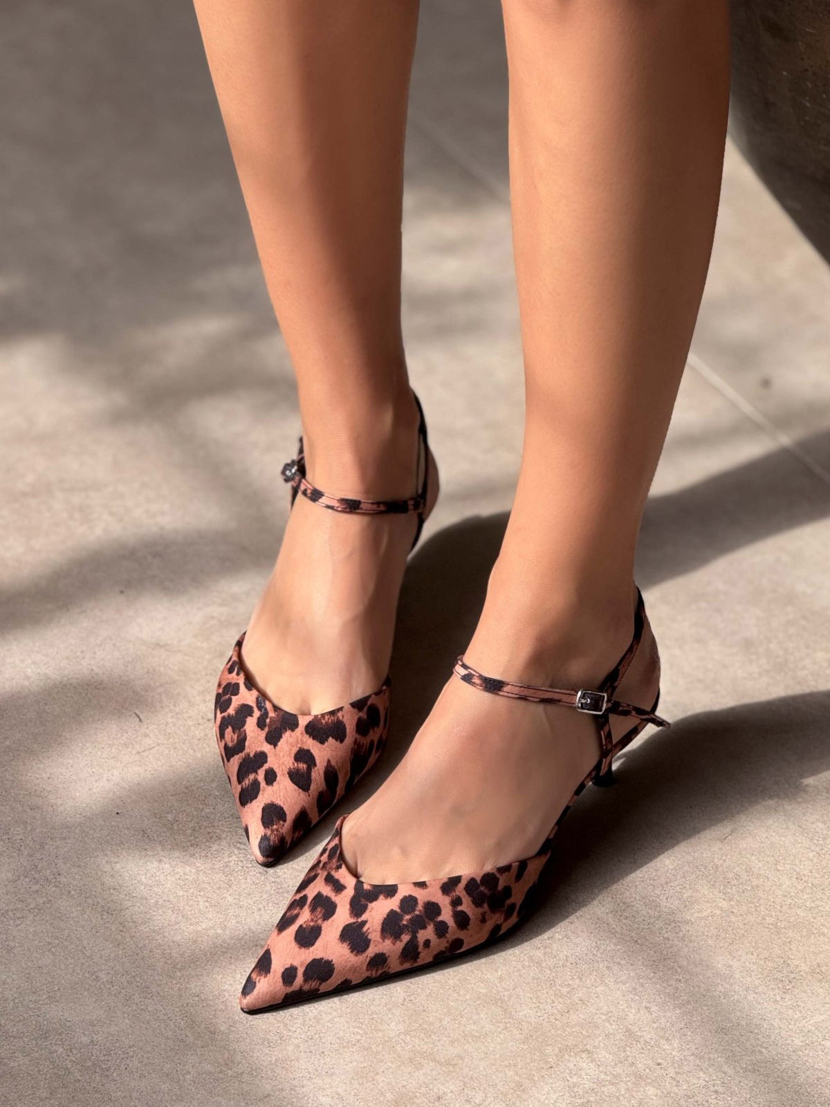 Ankle Strap Pointed-Toe Concise Kitten Heels - Leopard Satin