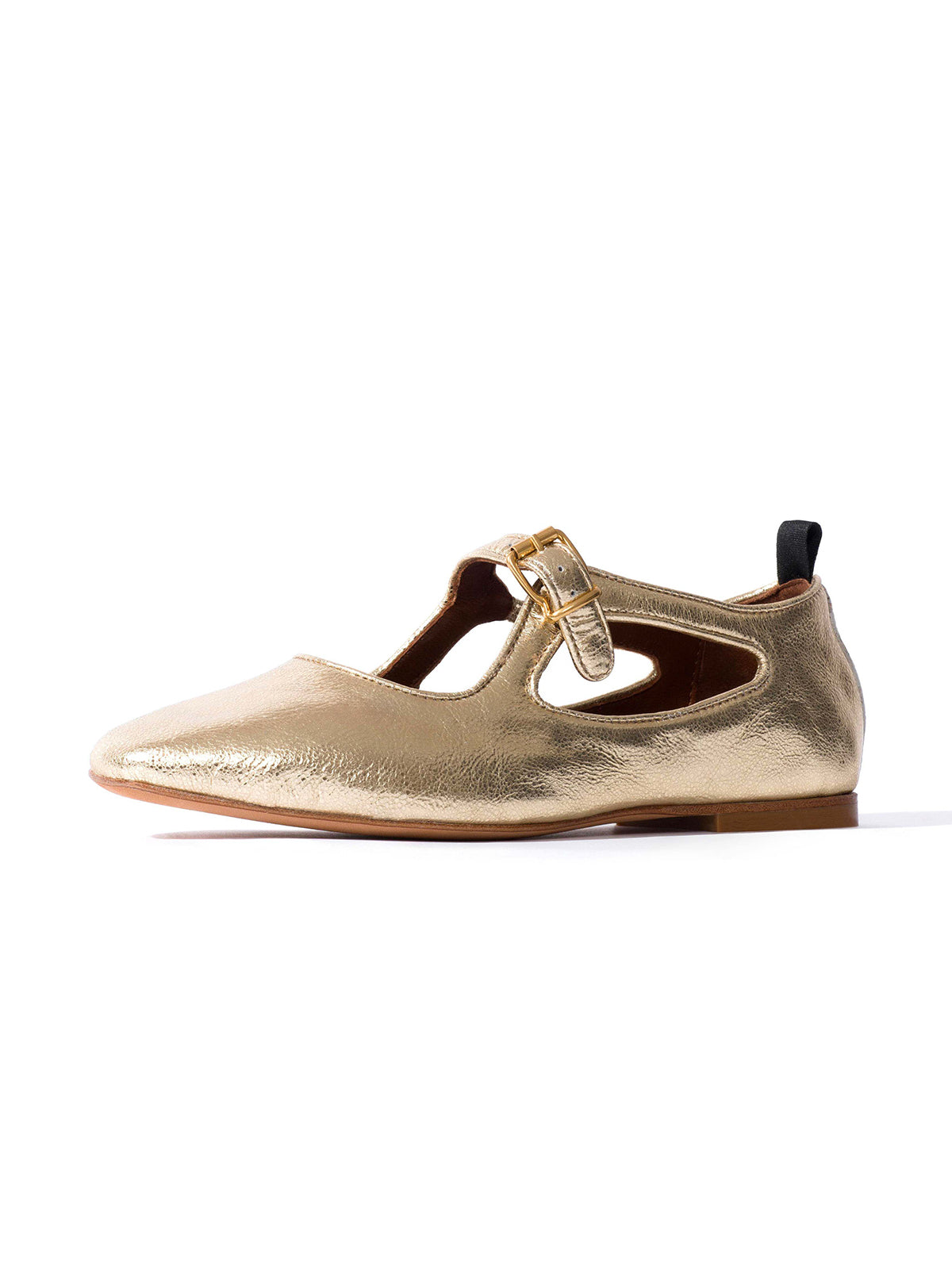 Square-Toe Buckle Strap Chic Flats - Metallic Gold
