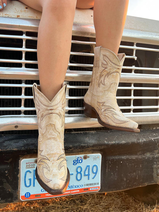 Distressed Ivory Snip-Toe Classic Embroidery Ankle Cowgirl Booties