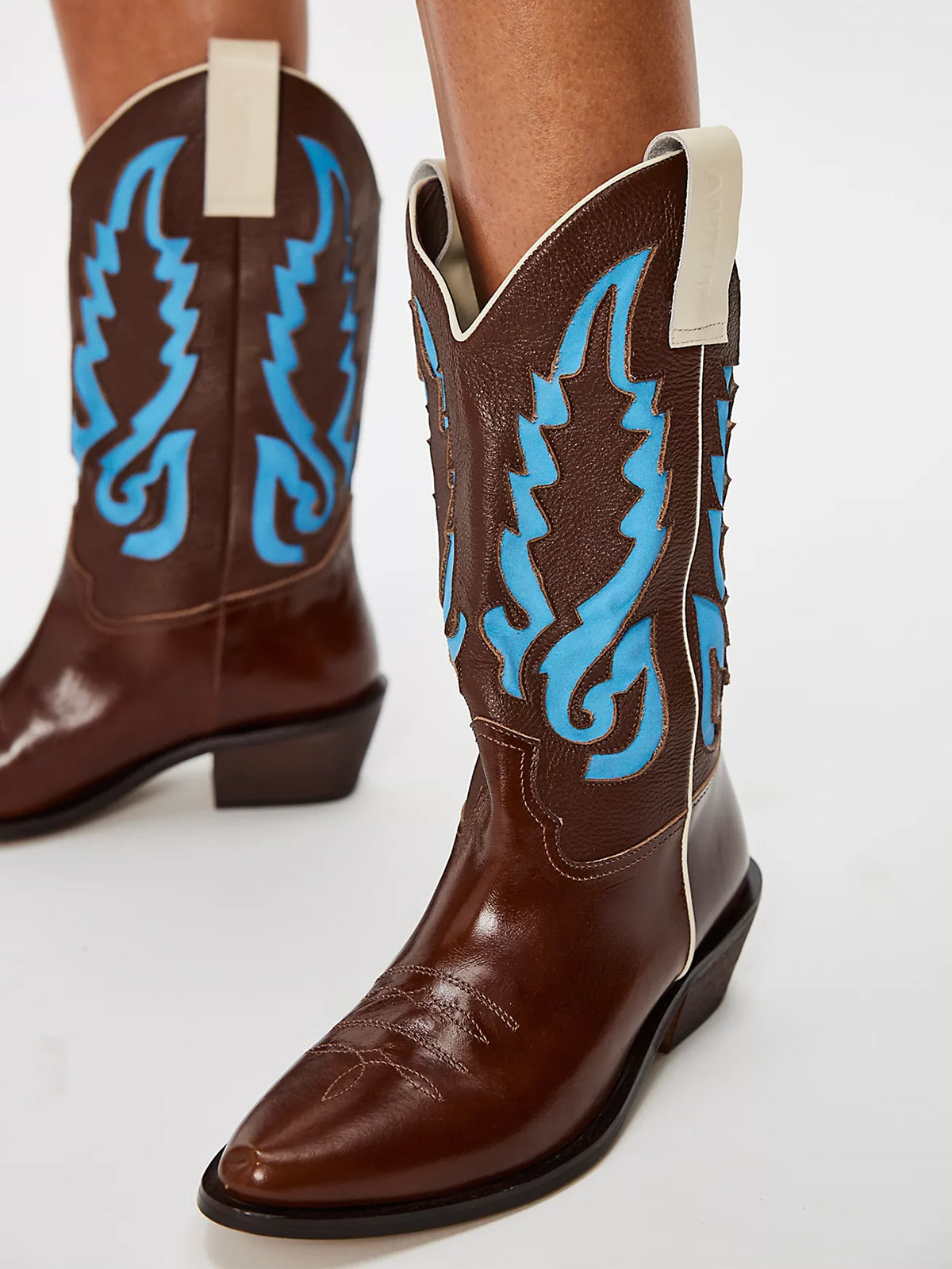 Burgundy Almond-Toe Blue Inlay Mid Calf Cowgirl Boots