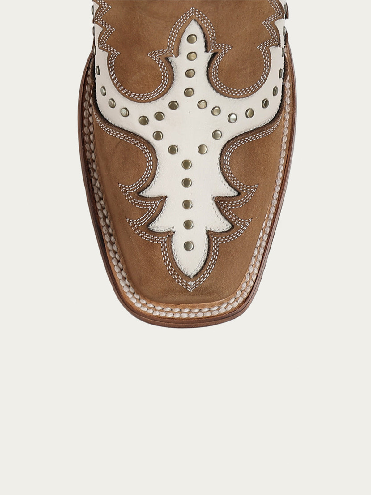 Brown Square-Toe White Inlay And Studs Chic Mid Calf Cowgirl Boots