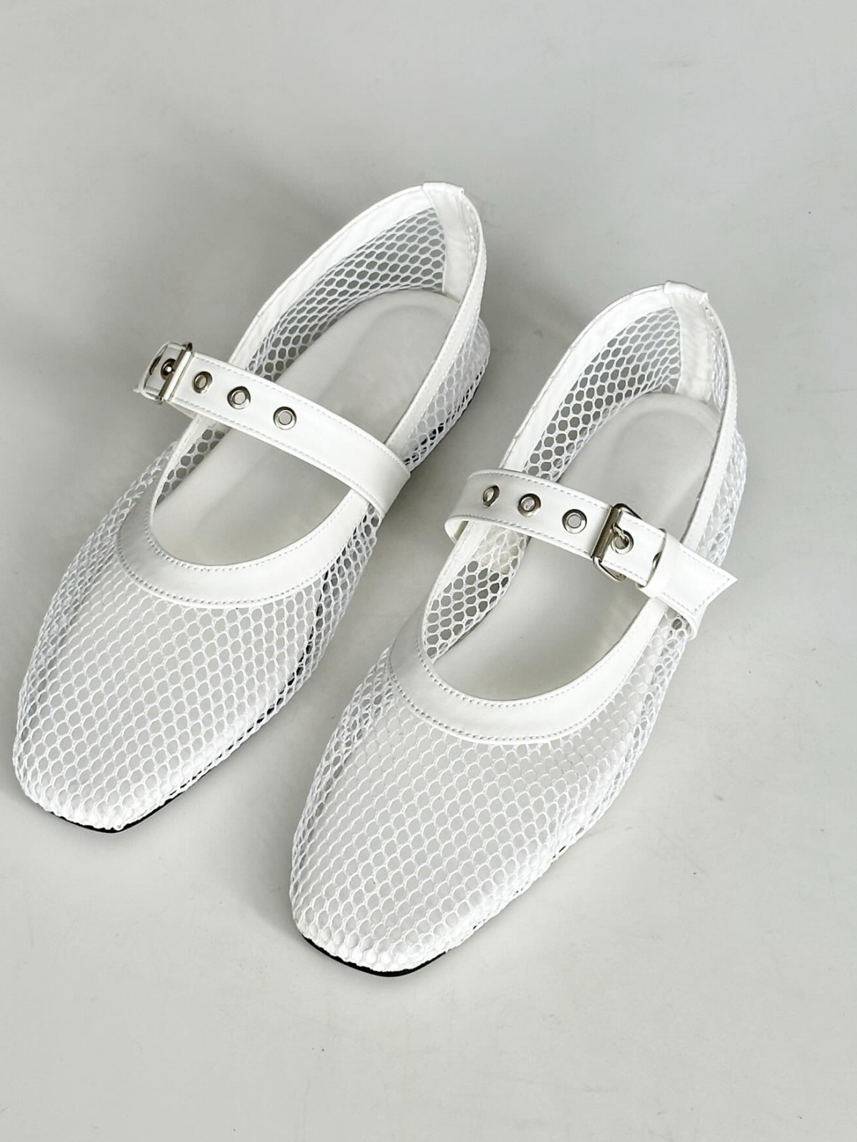 White Fishnet Square Toe Ballet Flats Grommet Buckle Strap Mary Janes