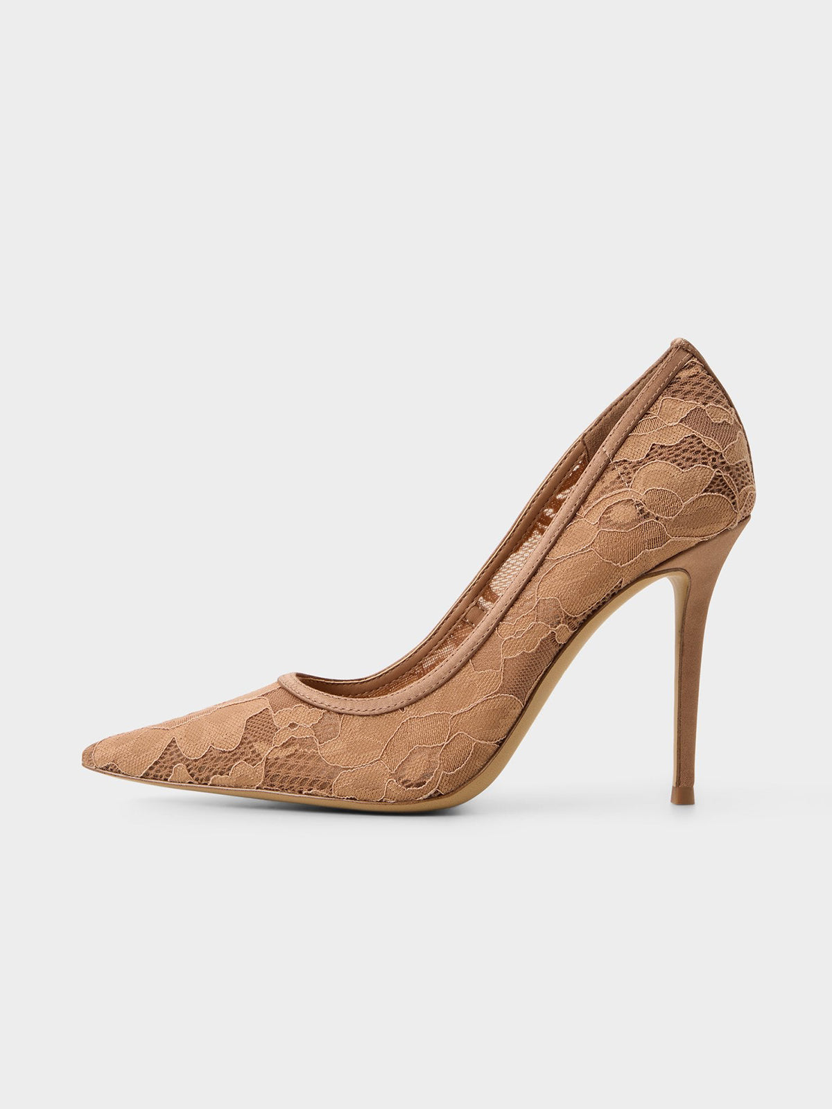 Brown Lace Mesh And Satin Pointed-Toe Slip-On Pumps High Heels