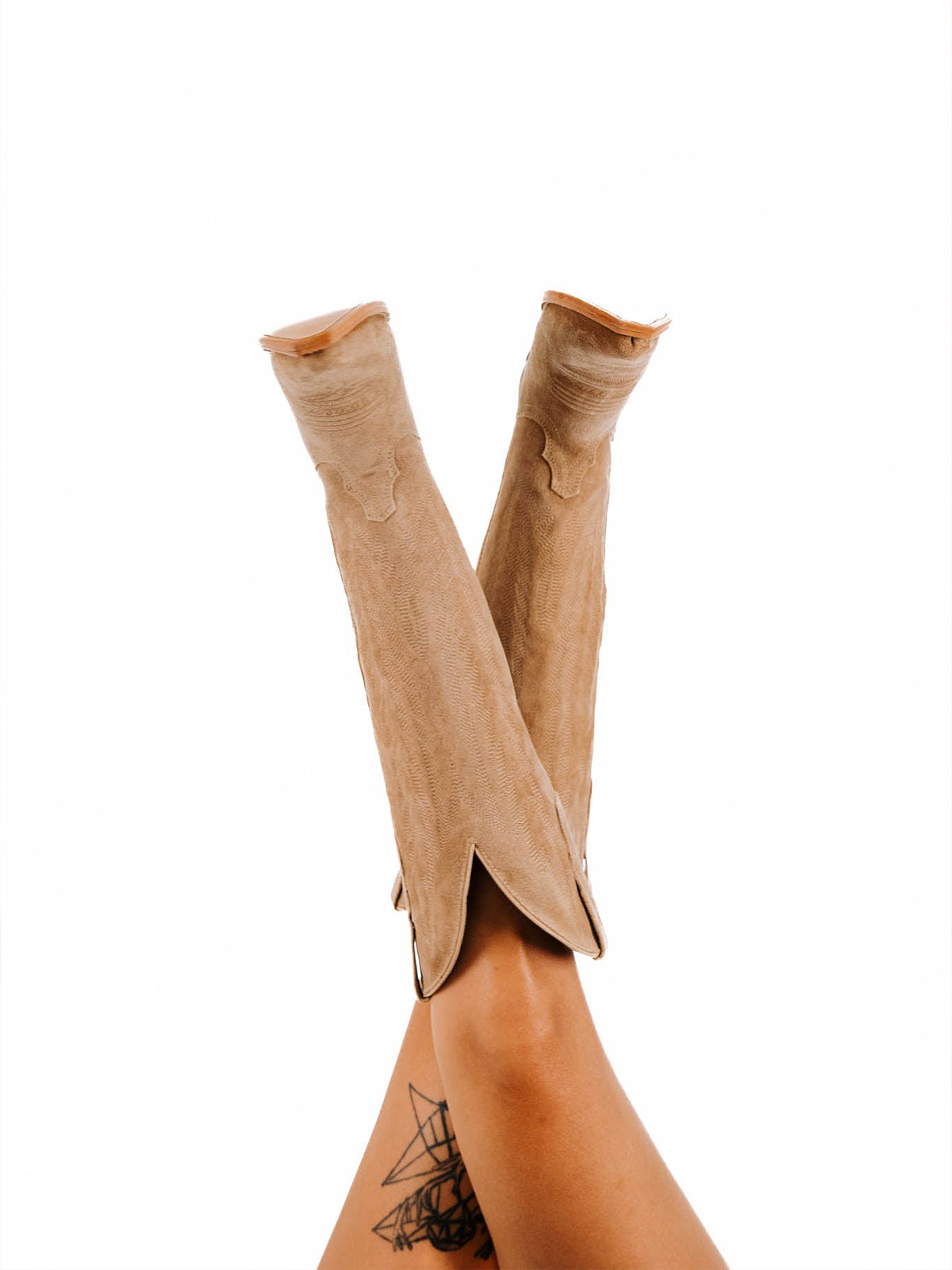 Sand Faux Suede Snip-Toe Embroidery Half-Zip Classic Knee High Cowgirl Boots