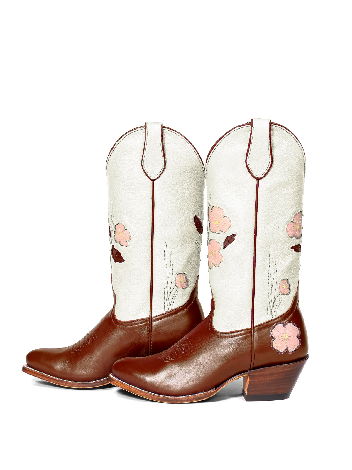 Contrast White And Brown Almond-Toe Fresh Flower Inlay Mid Calf Cowgirl Boots
