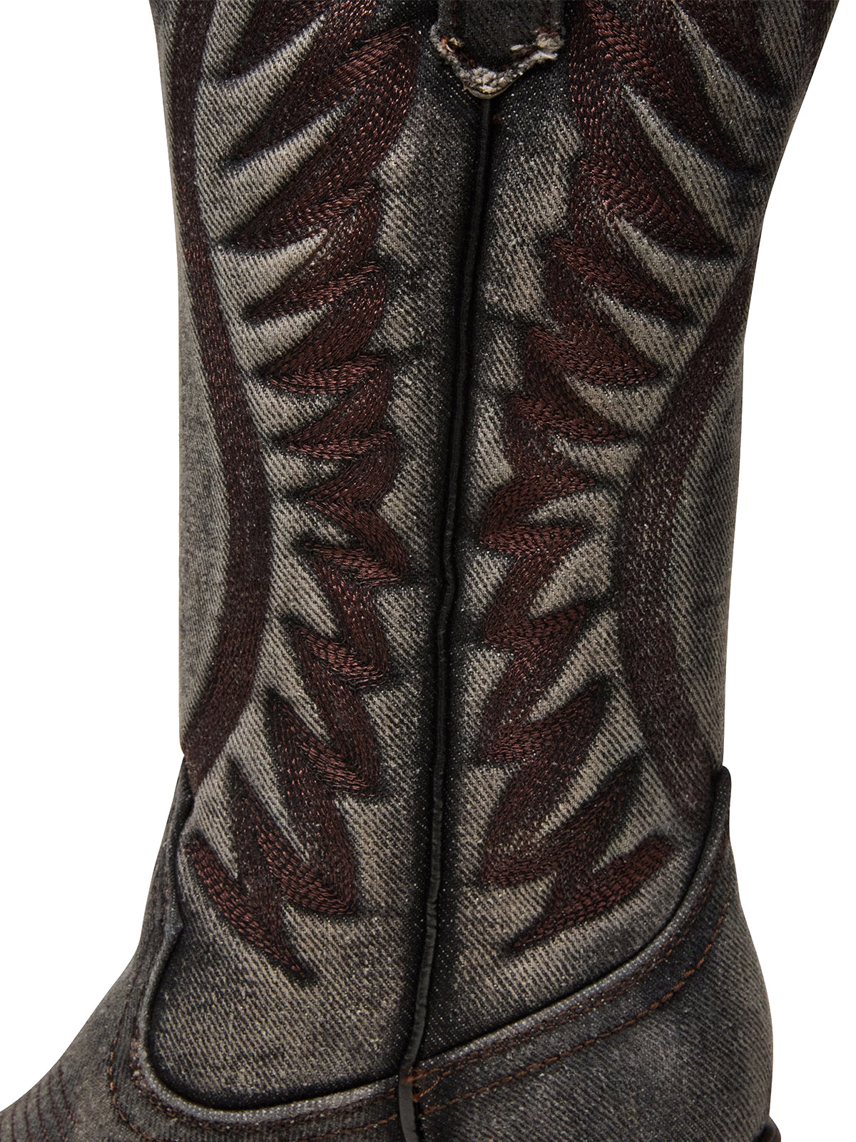 Dark Gray Denim Pointed-Toe Wings Embroidery Mid Calf Cowgirl Boots