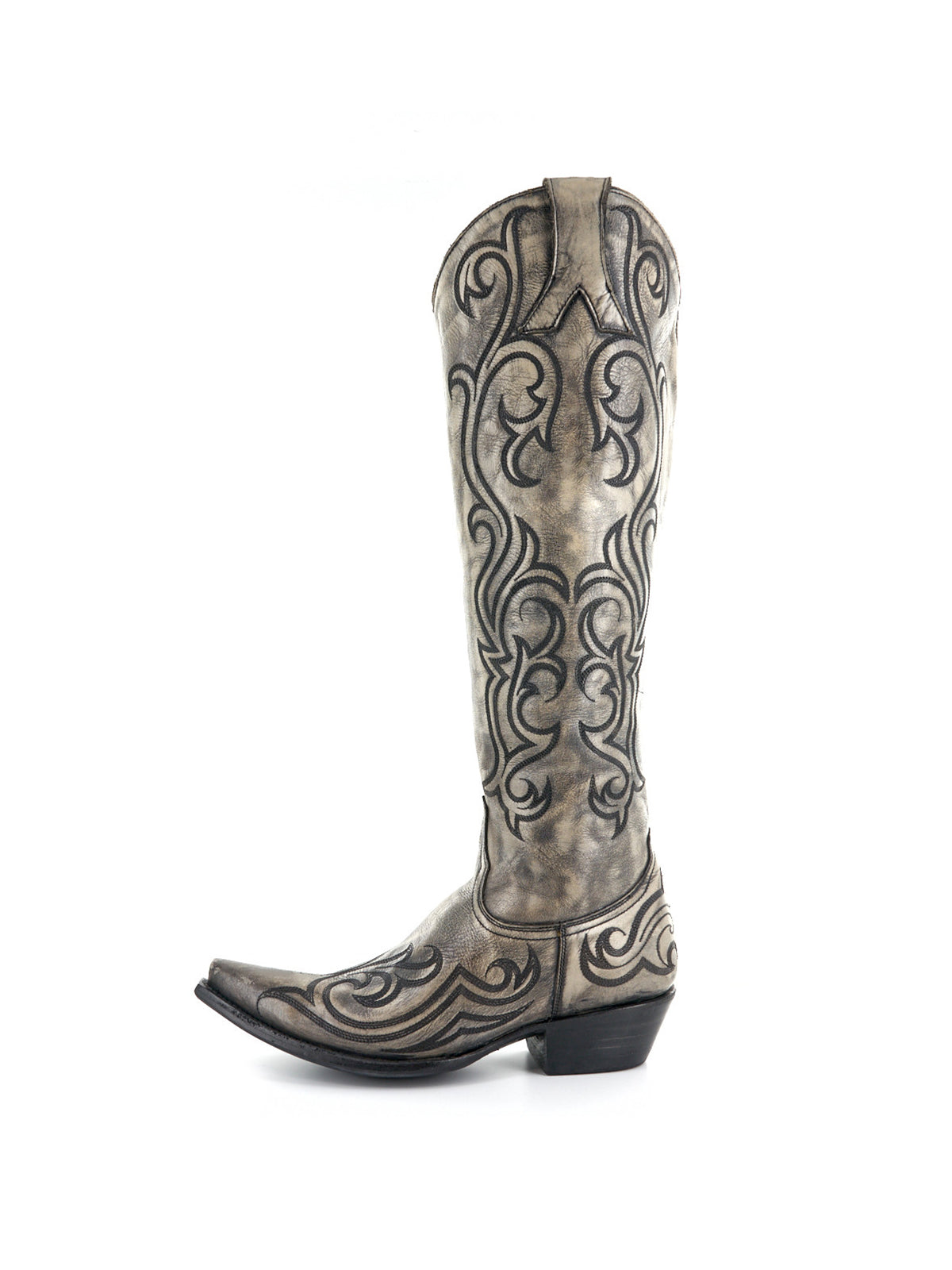 Distressed Bone Snip-Toe Delicate Embroidery Half-Zip Knee High Cowgirl Boots