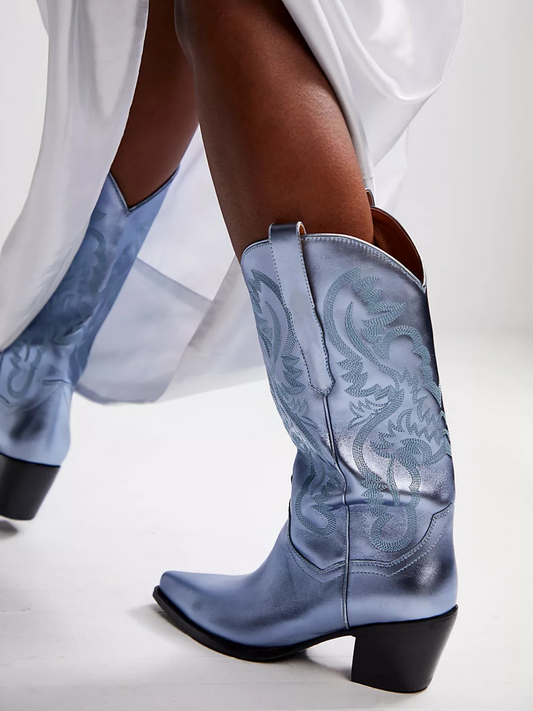 Metallic Light Blue Snip-Toe Western Embroidery Mid Calf Cowgirl Boots