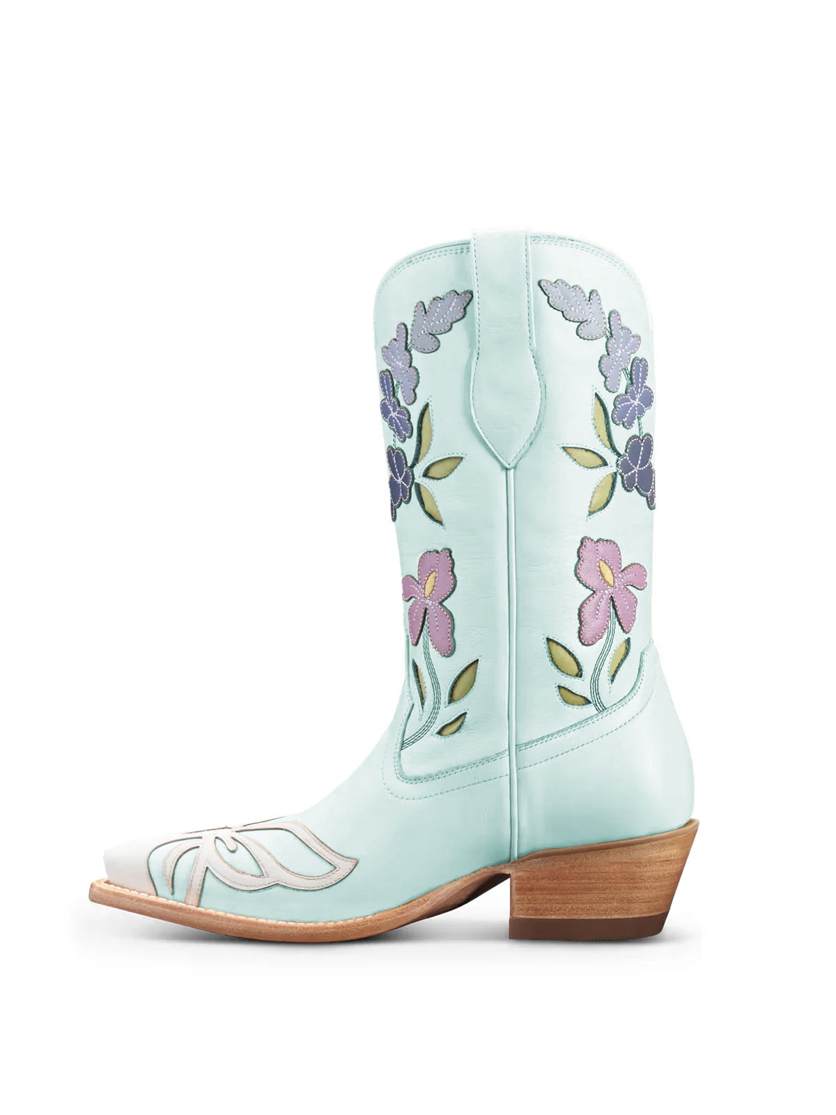 Ivory Snip-Toe Flower Applique Mid Calf Pull On Cowgirl Boots