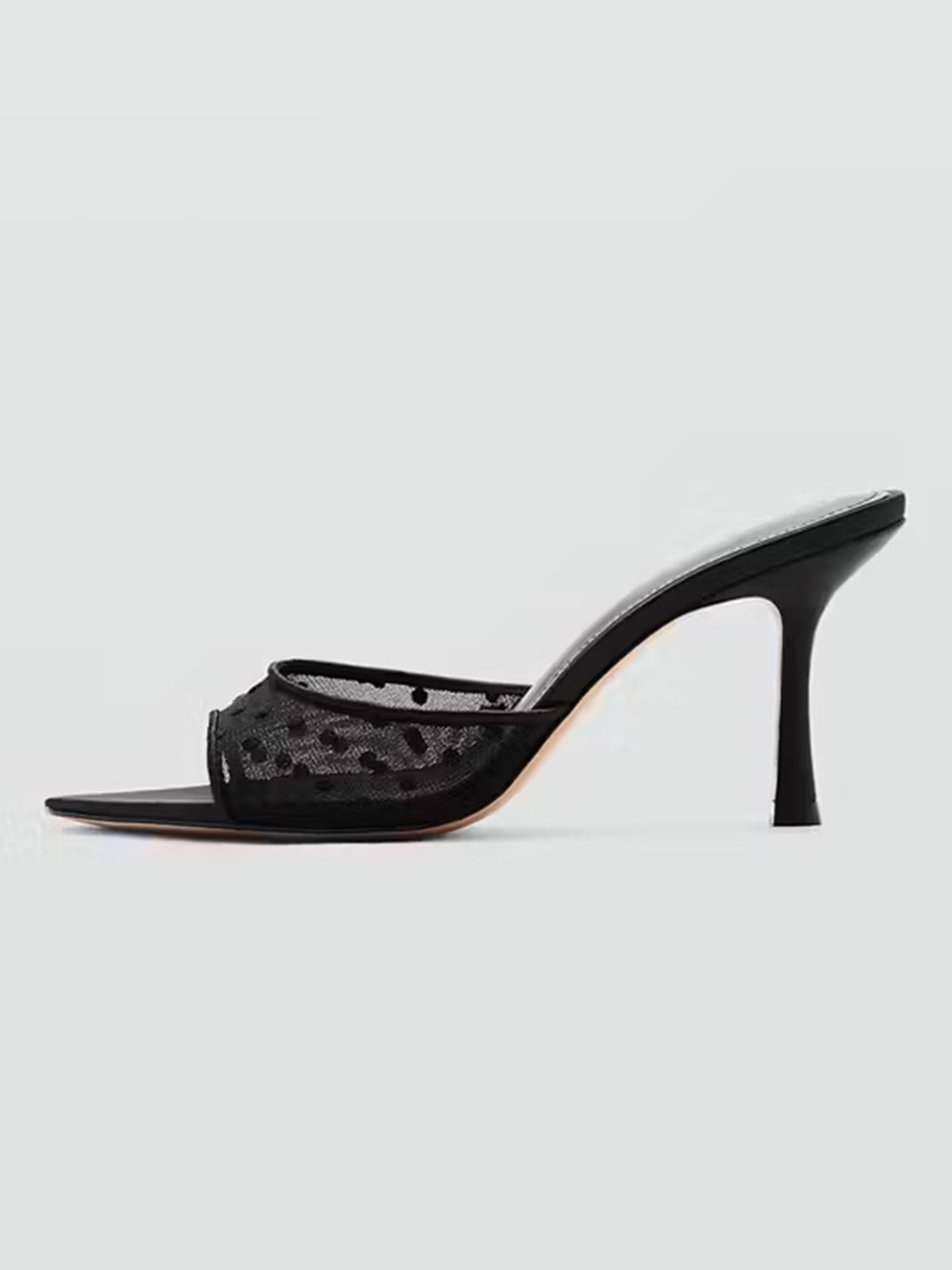 Black Mesh And Vegan Leather Pointed-Toe Backless Slip-On High Heels