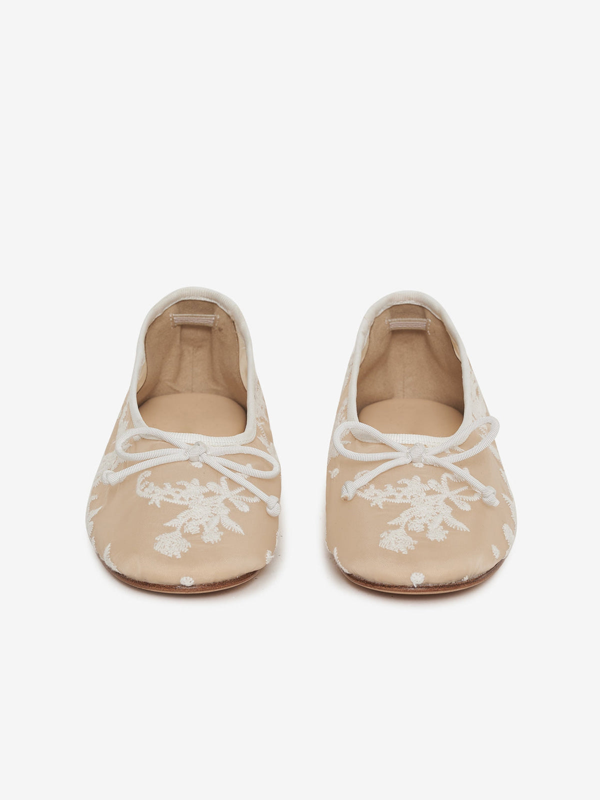 White Mesh Round-Toe Floral Embroidery Bow Ballet Flats