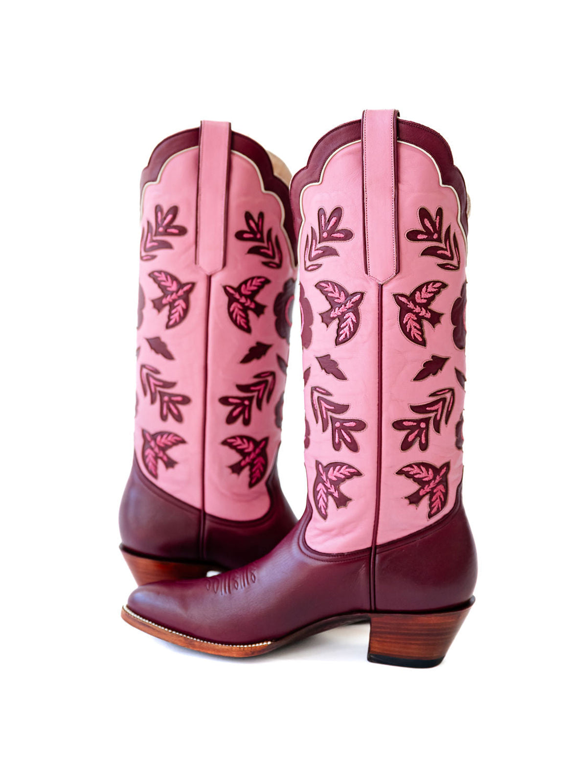 Pink And Maroon Round-Toe Birds Leaves Flowers Inlay Wide Calf Knee High Cowgirl Boots