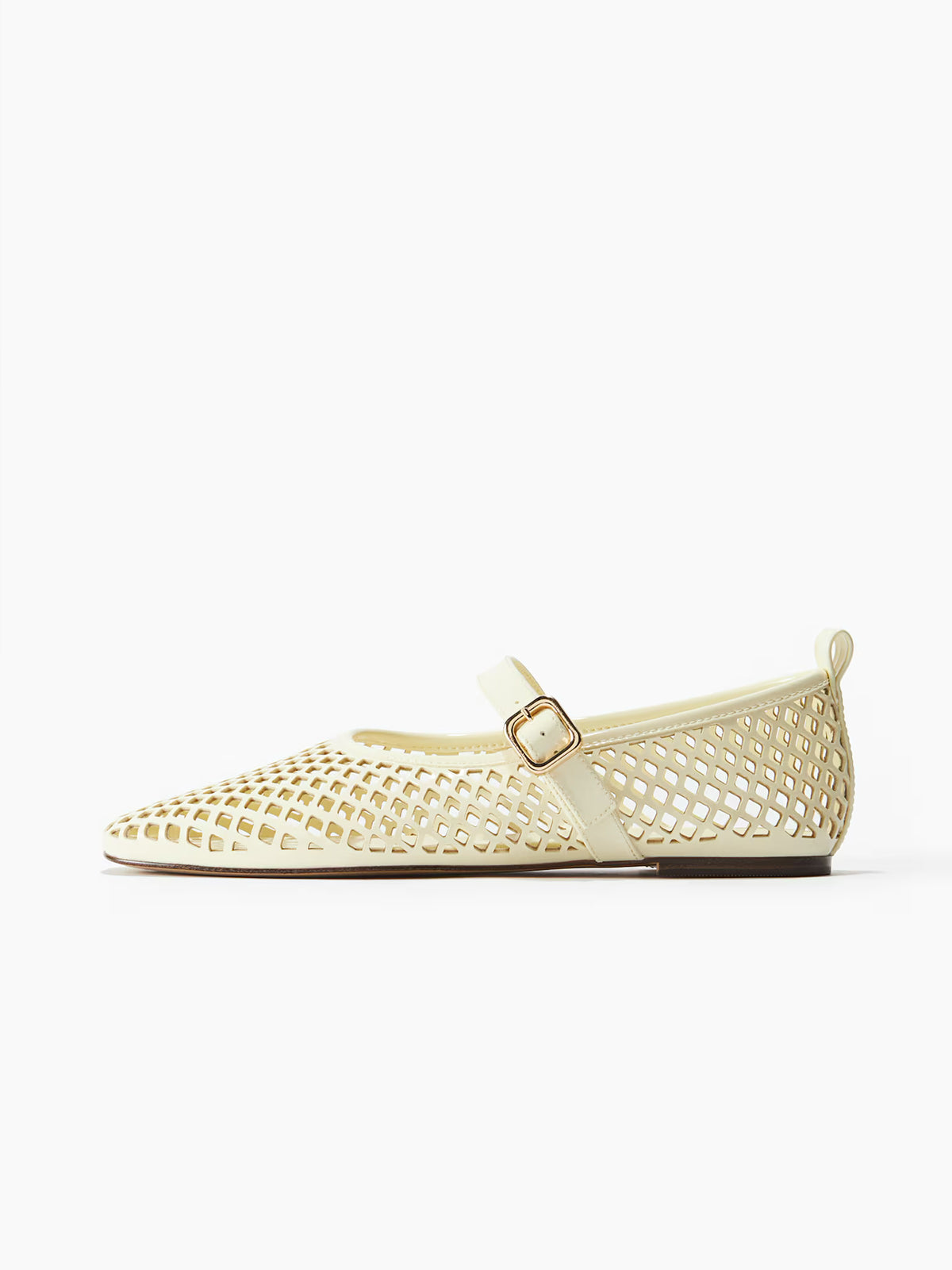 Perforated Square-Toe Bridge Strap Mary Jane Ballet Flats - Bone Patent