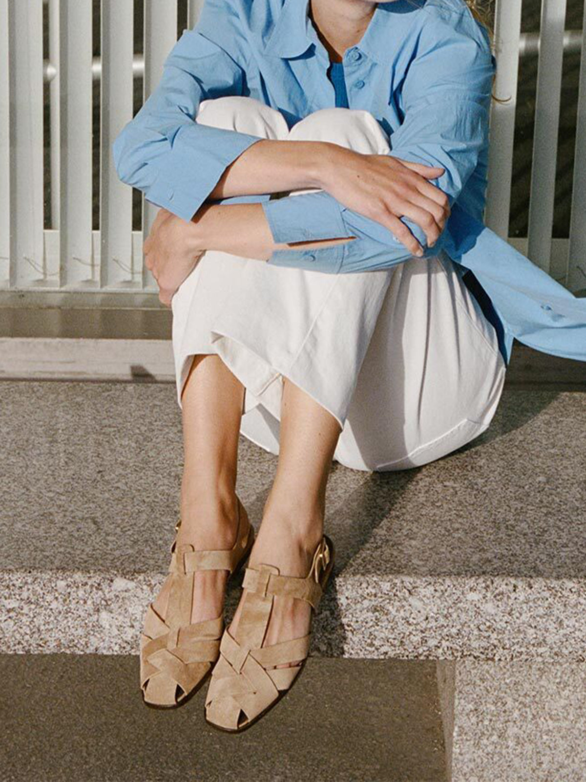 Brown Cow Suede Square-Toe Caged Fisherman Chic Flats