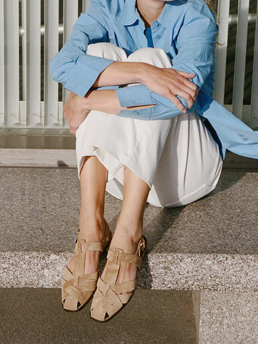 Brown Cow Suede Square-Toe Caged Fisherman Chic Flats