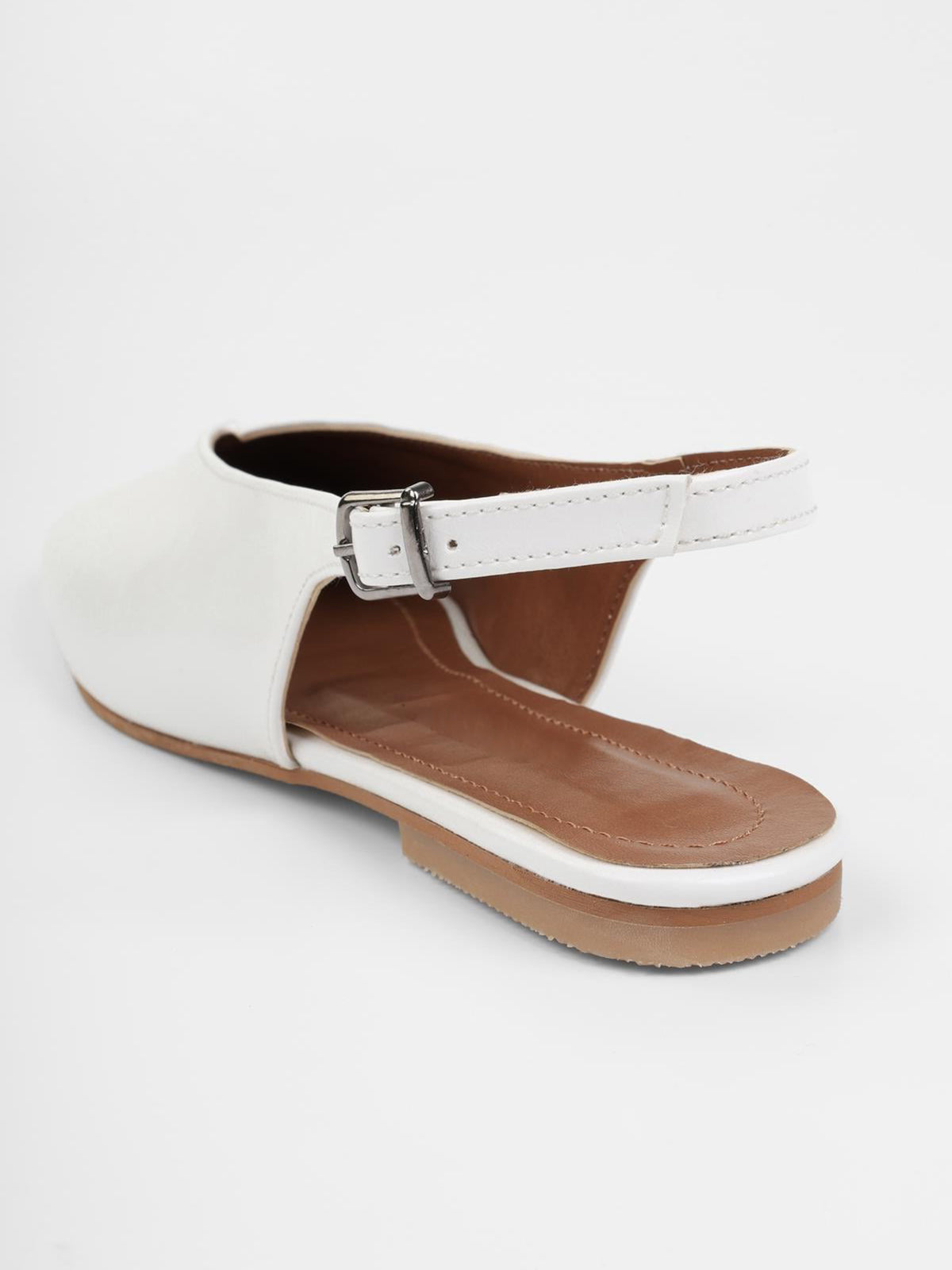 White Square-Toe Classic Buckle Back Strap Slip-On Flats