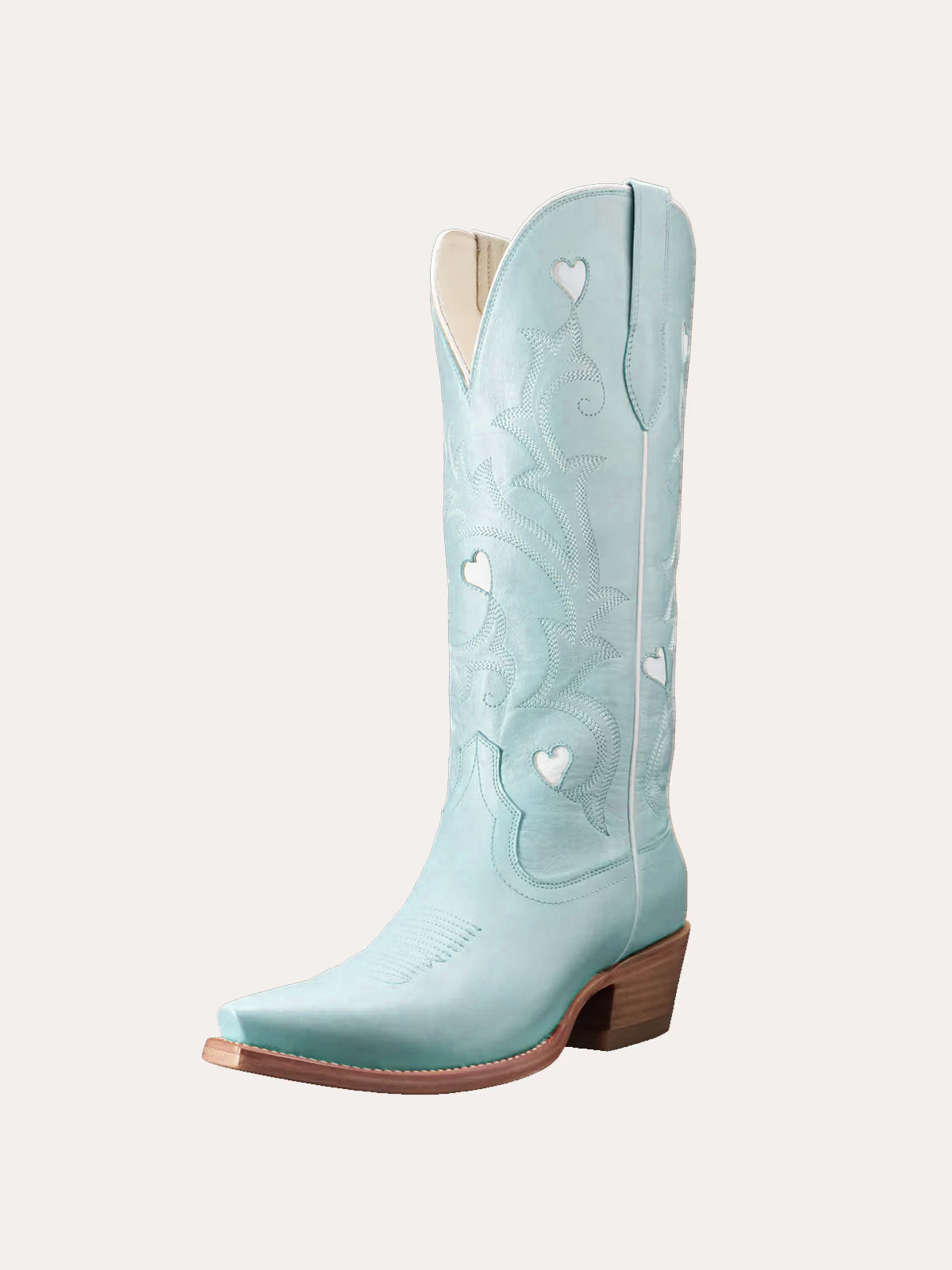 Light Blue Snip-Toe Embroidery White Heart Inlay Mid Calf Cowgirl Boots