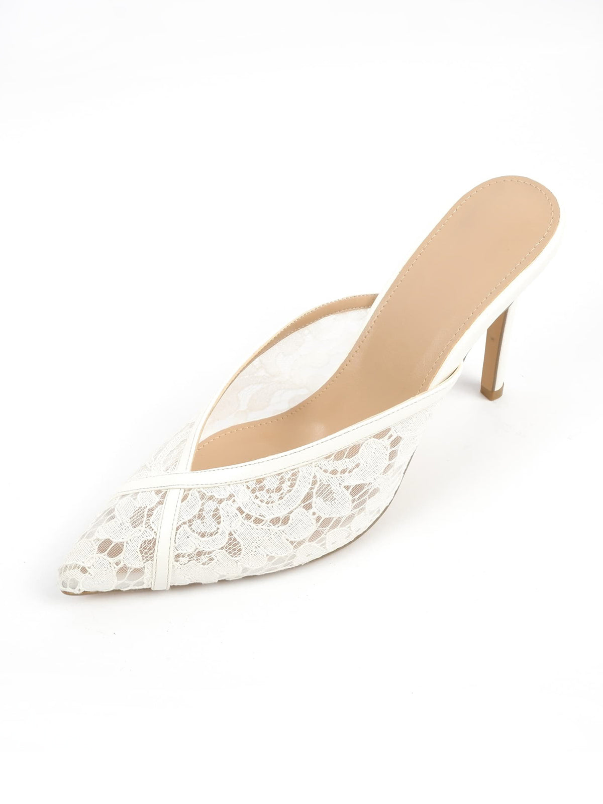 White Lace Mesh Pointed-Toe Classic Backless Chic Pumps High Heels