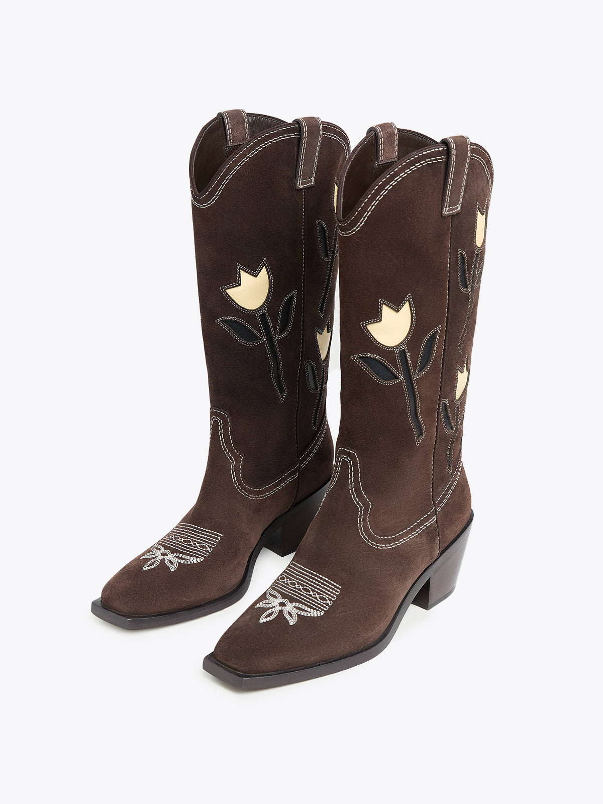Brown Faux Suede Square-Toe Tulip Inaly Mid Calf Cowgirl Boots